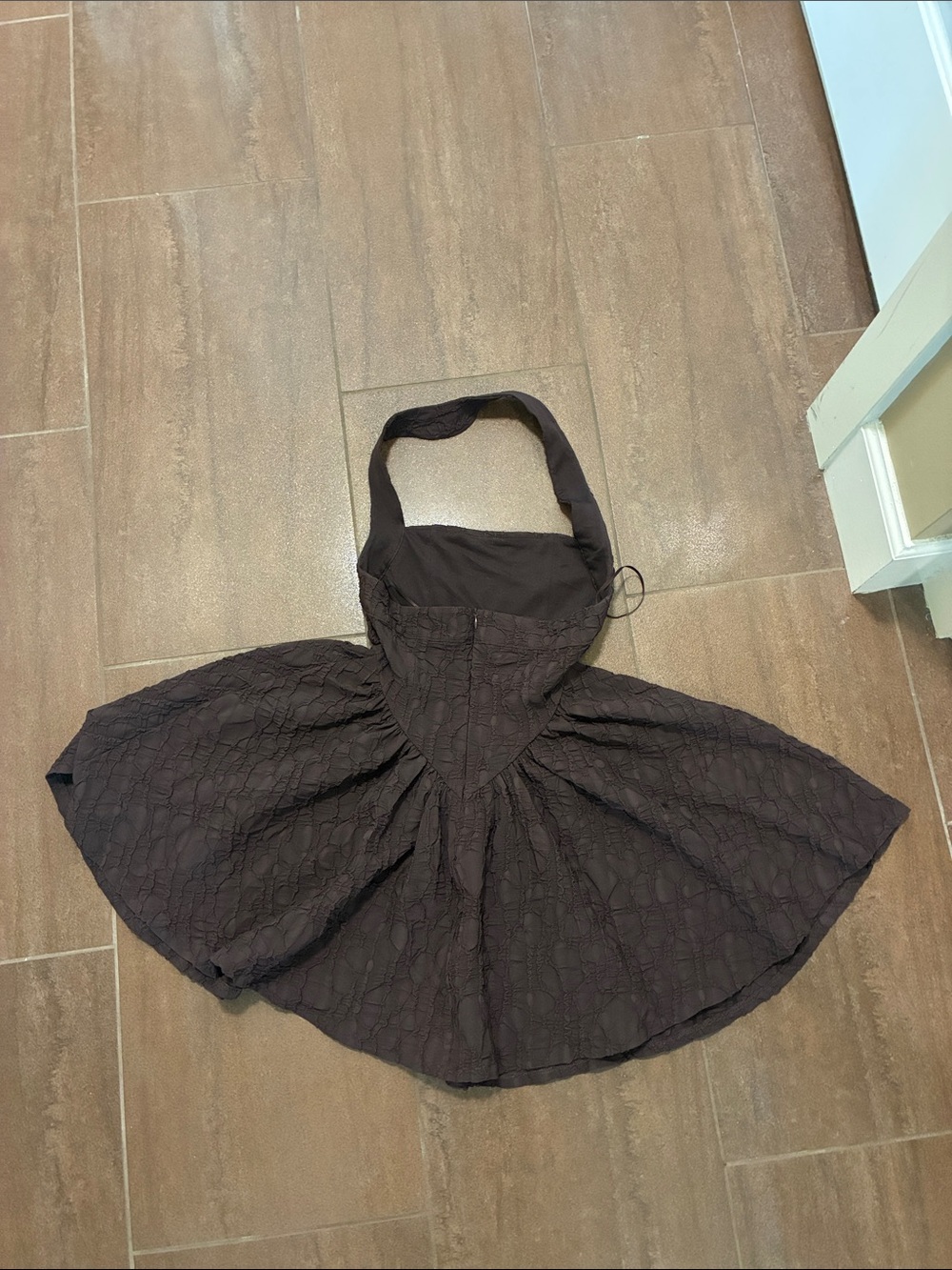 Zara textured chocolate brown halter mini dress dipped waist small - Picture 3 of 7